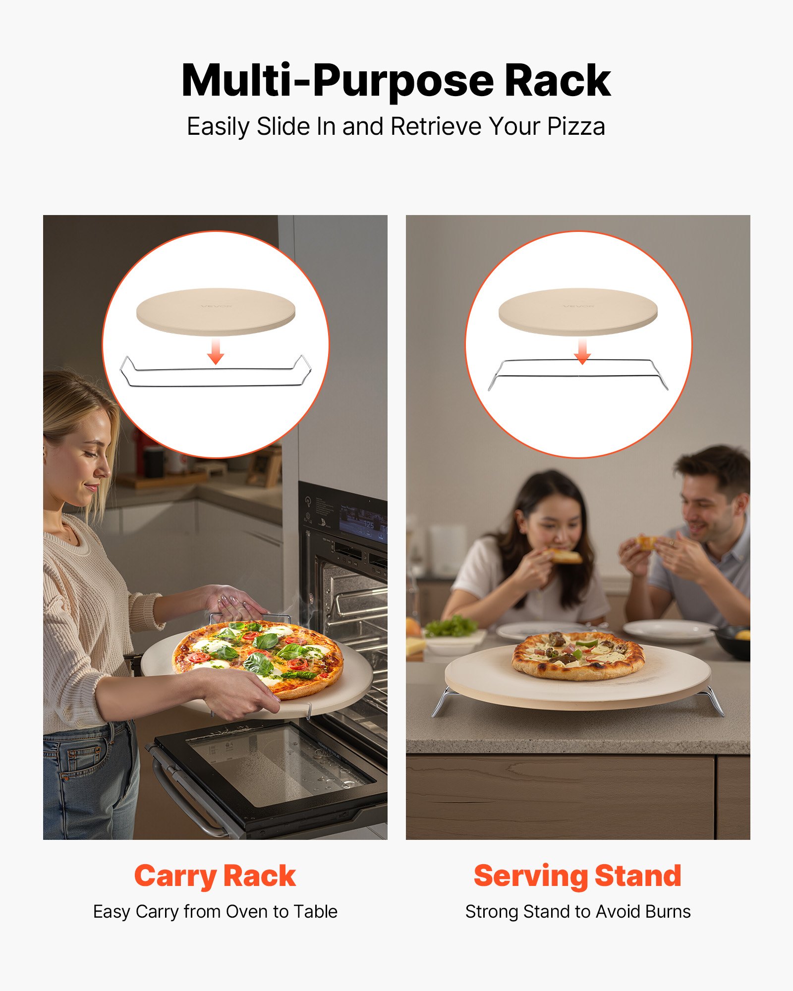 VEVOR Piedra para Hornear Pizza de 406 x 406 mm, Redonda de Cordierita, Extragrande con Raspador y Soporte, 17 mm de Grosor, Resistente al Calor, Ideal para Cocina, Horno, Pan, Pizza y Parrilla