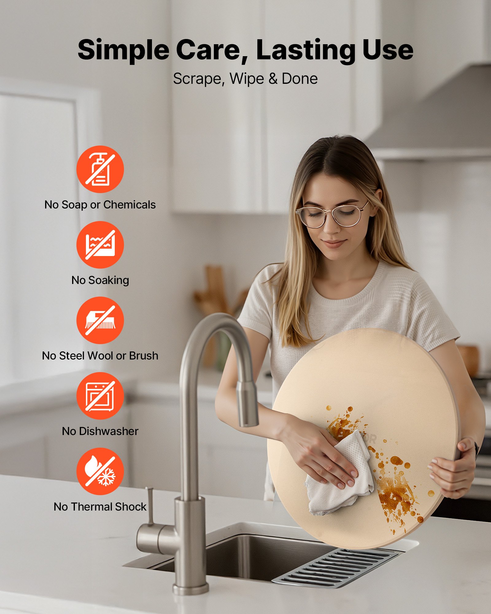 VEVOR Piedra para Hornear Pizza de 406 x 406 mm, Redonda de Cordierita, Extragrande con Raspador y Soporte, 17 mm de Grosor, Resistente al Calor, Ideal para Cocina, Horno, Pan, Pizza y Parrilla