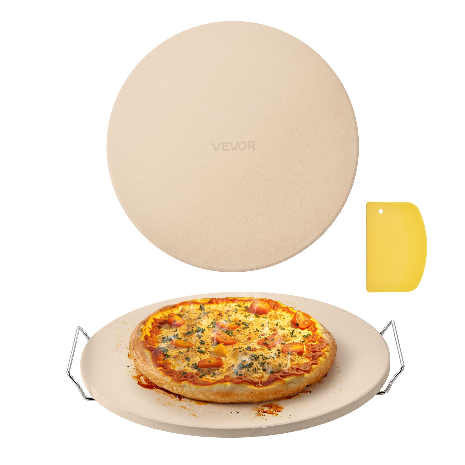 VEVOR Piedra para Hornear Pizza de 406 x 406 mm, Redonda de Cordierita, Extragrande con Raspador y Soporte, 17 mm de Grosor, Resistente al Calor, Ideal para Cocina, Horno, Pan, Pizza y Parrilla