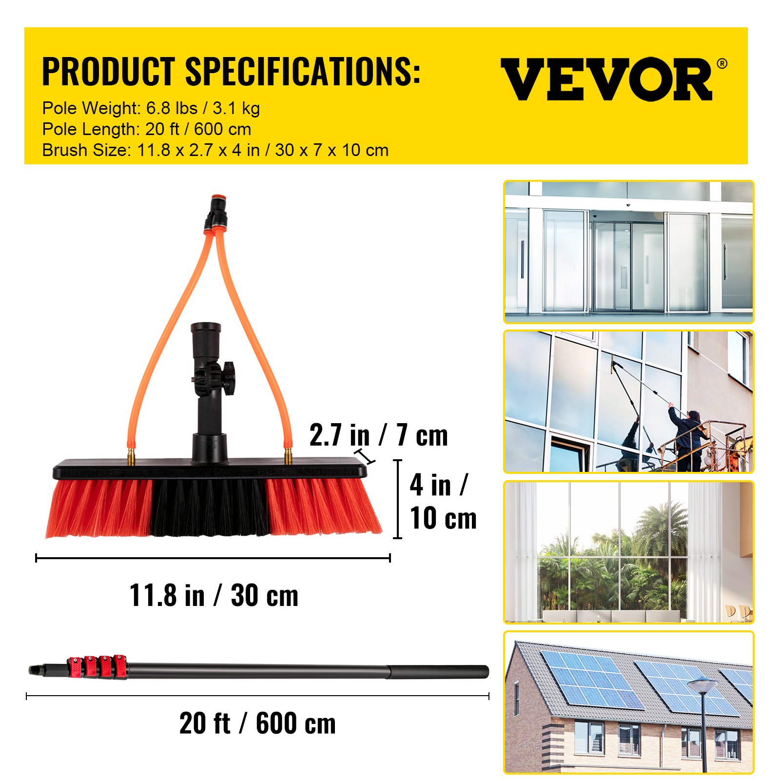 VEVOR Poste Alimentado por Agua 6m Cepillo de Agua para Paneles Solares Ventanas