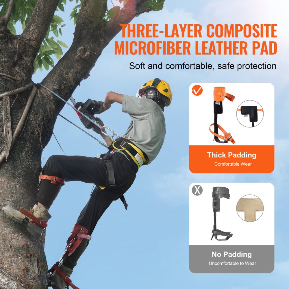 VEVOR - Picos para trepar árboles, 1 par de espuelas de acero de aleación, capacidad de carga de 350 libras, equipo para trepar árboles con correas y protectores de pinchos, equipo de arboricultura para escaladores, caza, recolección de frutas, color naranja