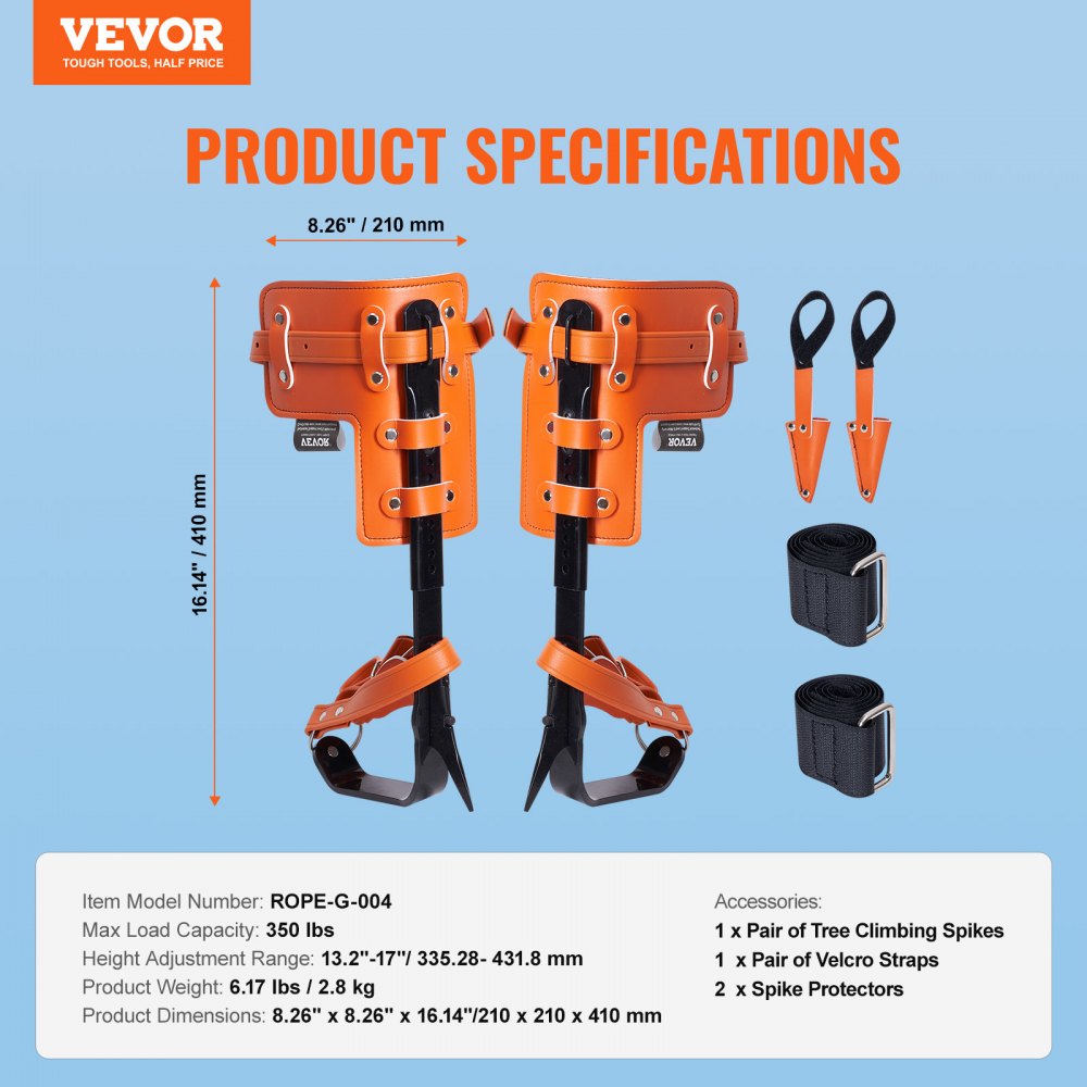 VEVOR - Picos para trepar árboles, 1 par de espuelas de acero de aleación, capacidad de carga de 350 libras, equipo para trepar árboles con correas y protectores de pinchos, equipo de arboricultura para escaladores, caza, recolección de frutas, color naranja