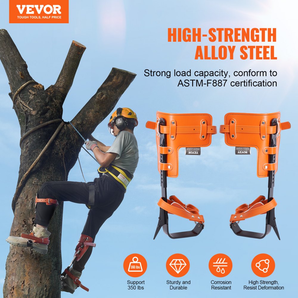 VEVOR - Juego de púas para trepar árboles, 1 par de púas de acero de aleación con cuerda de seguridad y arnés de seguridad, capacidad de carga de 350 libras, equipo de arboricultura para escaladores, recolección de frutas, color naranja