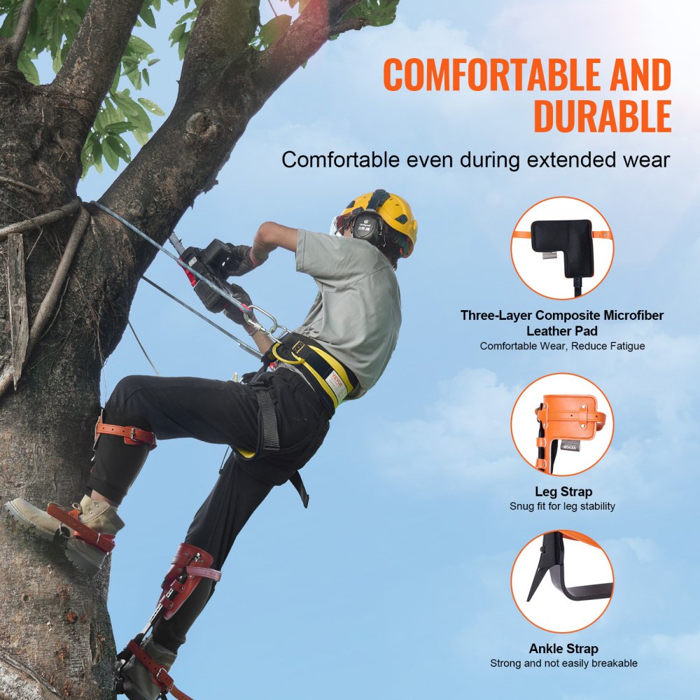 VEVOR - Juego de púas para trepar árboles, 1 par de púas de acero de aleación con cuerda de seguridad y arnés de seguridad, capacidad de carga de 350 libras, equipo de arboricultura para escaladores, recolección de frutas, color naranja