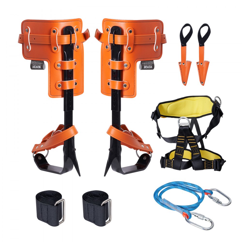 VEVOR - Juego de púas para trepar árboles, 1 par de púas de acero de aleación con cuerda de seguridad y arnés de seguridad, capacidad de carga de 350 libras, equipo de arboricultura para escaladores, recolección de frutas, color naranja