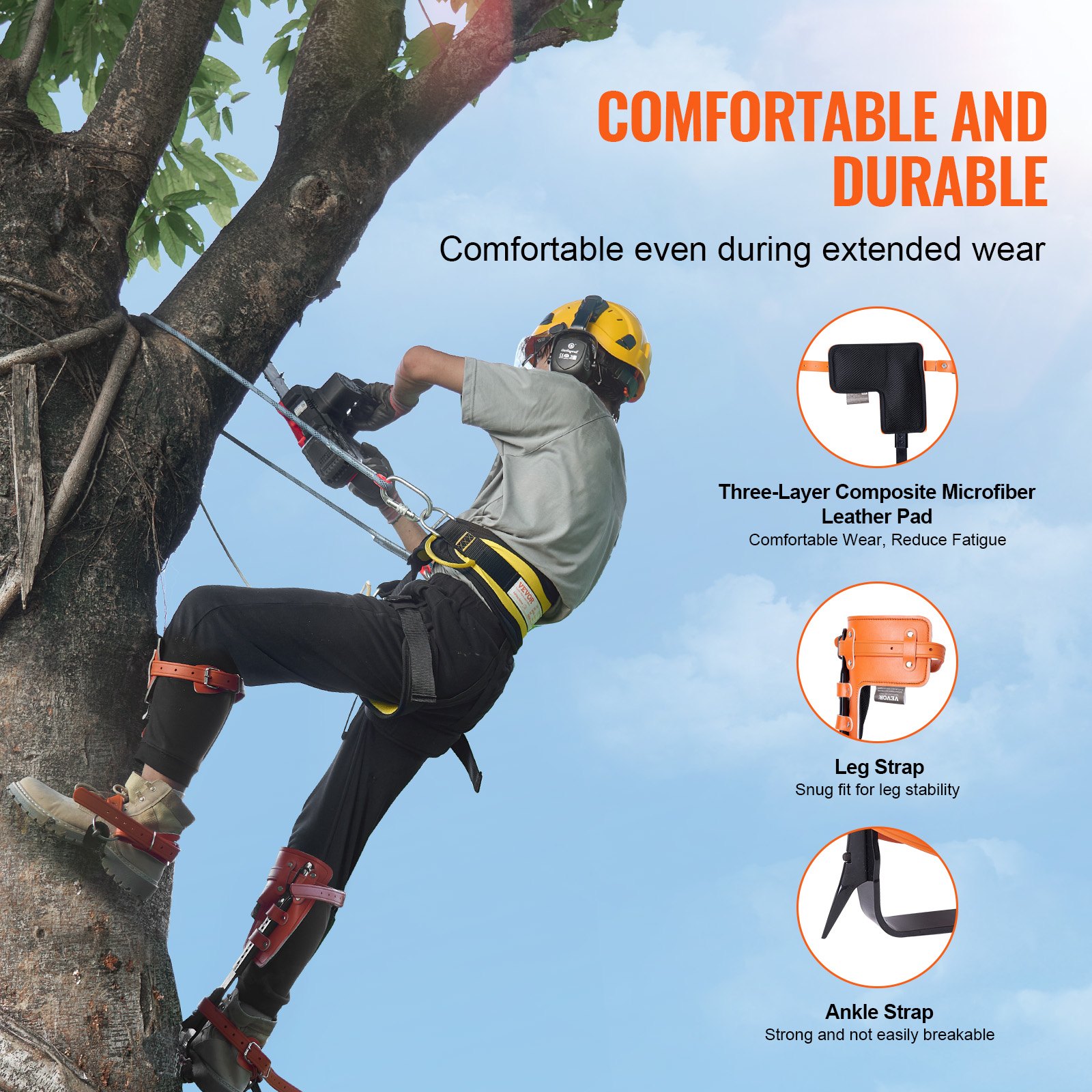 VEVOR - Juego de púas para trepar árboles, 1 par de púas de acero de aleación con cuerda de seguridad y arnés de seguridad, capacidad de carga de 350 libras, equipo de arboricultura para escaladores, recolección de frutas, color naranja