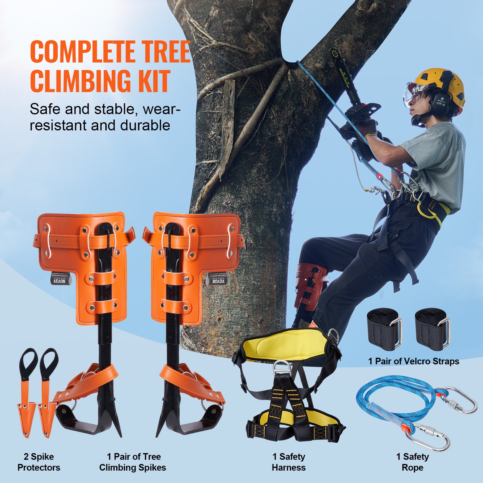 VEVOR - Juego de púas para trepar árboles, 1 par de púas de acero de aleación con cuerda de seguridad y arnés de seguridad, capacidad de carga de 350 libras, equipo de arboricultura para escaladores, recolección de frutas, color naranja