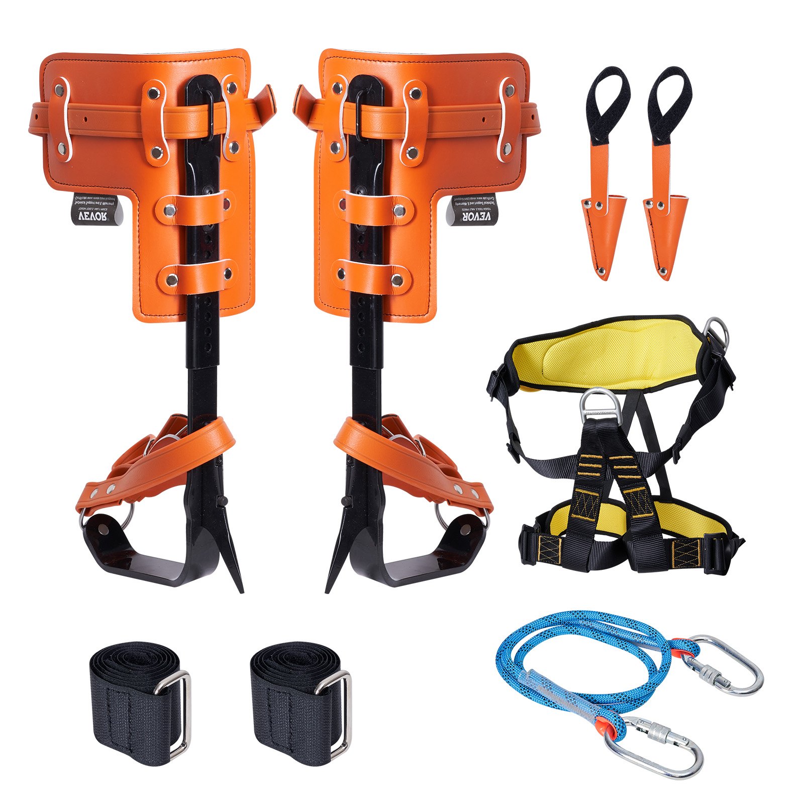 VEVOR - Juego de púas para trepar árboles, 1 par de púas de acero de aleación con cuerda de seguridad y arnés de seguridad, capacidad de carga de 350 libras, equipo de arboricultura para escaladores, recolección de frutas, color naranja