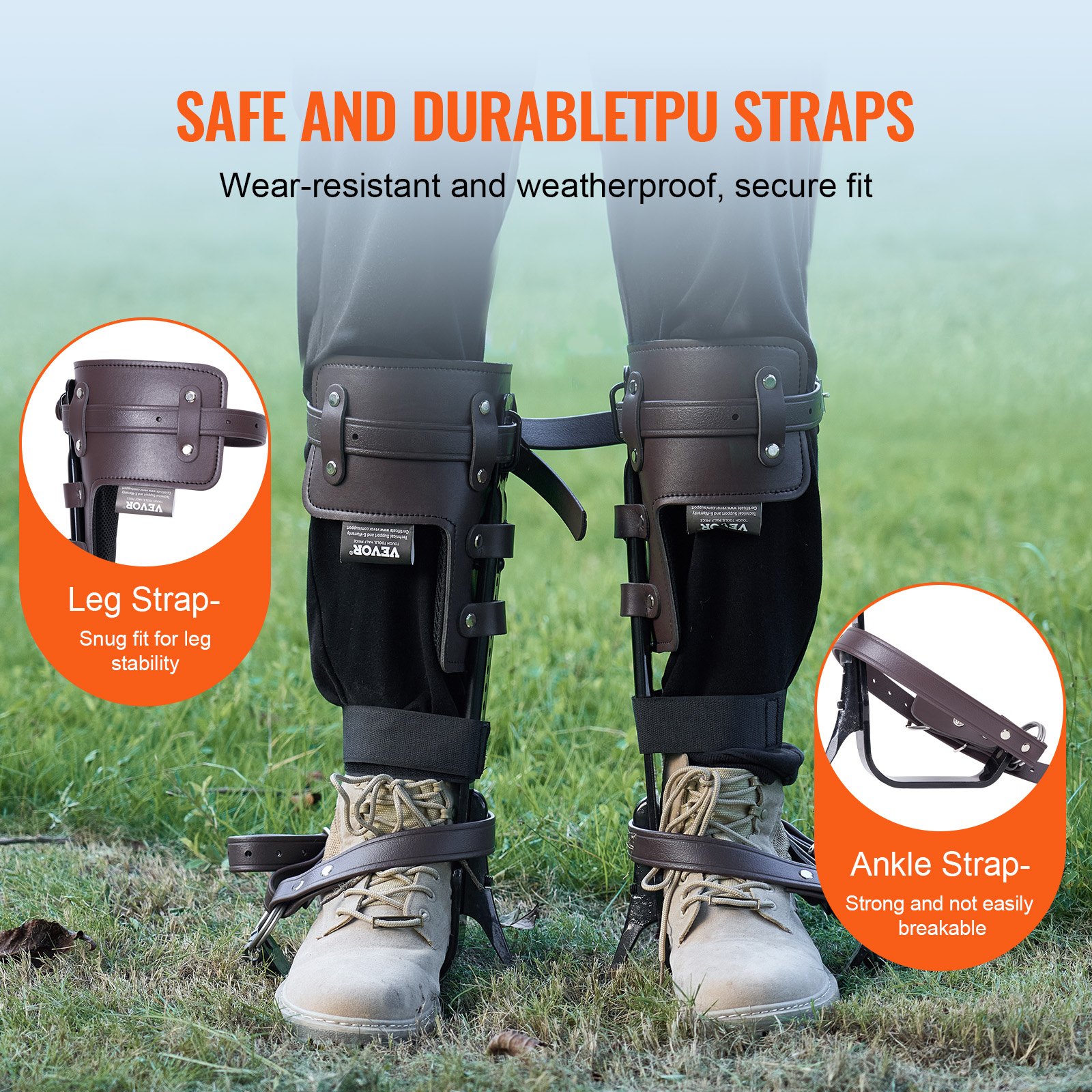 VEVOR Tree Climbing Spikes, 1 Pair of Alloy Steel Climbing Spikes, 350 lbs Load Capacity, Tree Climbing Equipment with Straps and Spike Protectors, Tree Care Equipment for Climbers, Hunting, Fruit Picking, Brown