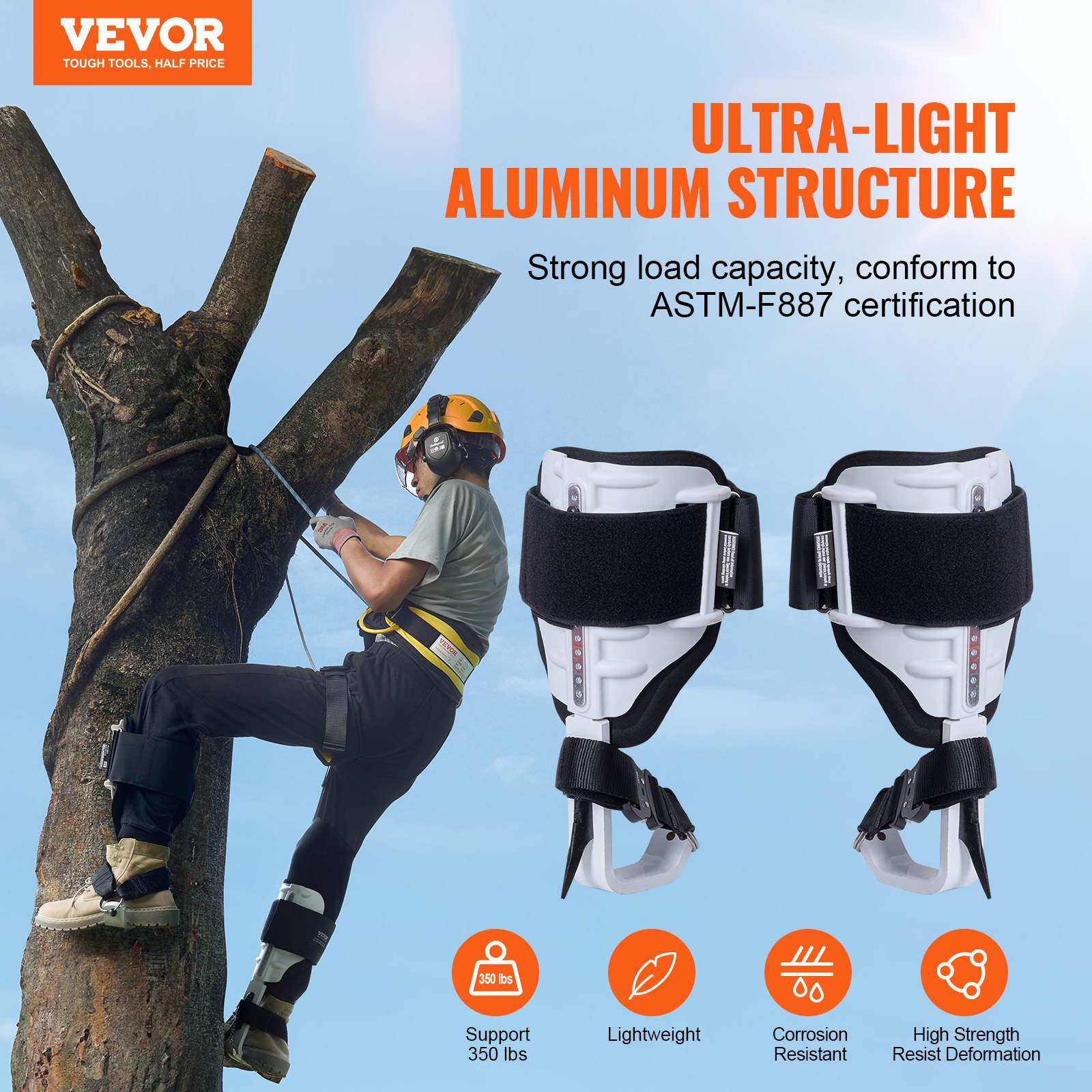 VEVOR - Picos para trepar árboles, 1 par de espuelas de aluminio para trepar, capacidad de carga de 350 libras, equipo para trepar árboles con correas y protectores de picos, equipo de arboricultura para escaladores, caza, recolección de frutas, color blanco