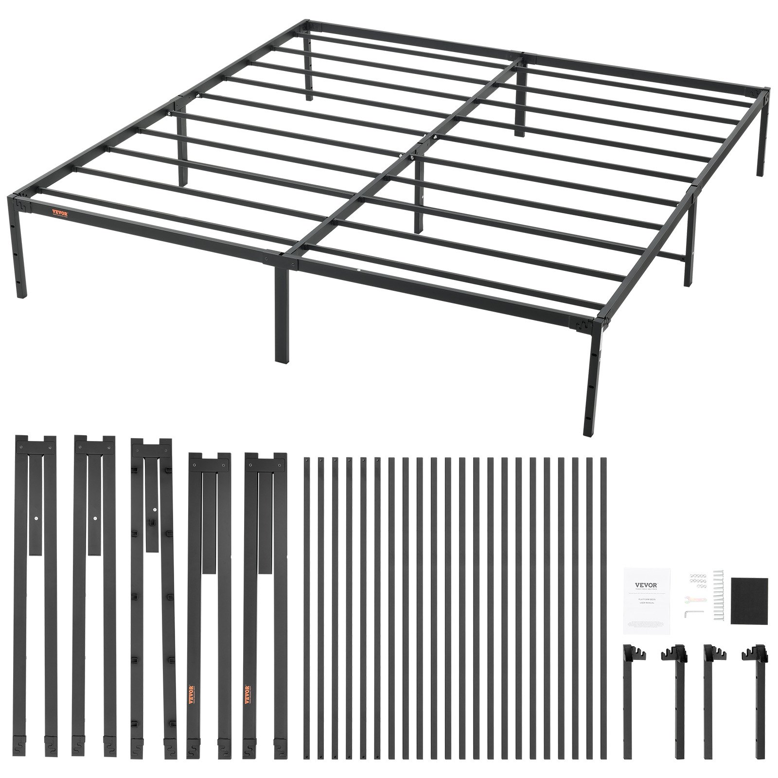 Estructura de cama de metal VEVOR King con láminas de acero negro, piezas de montaje y manual de instrucciones.
