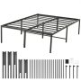 Estructura de cama de metal VEVOR con láminas resistentes, patas de apoyo y piezas de montaje dispuestas y listas para instalar.