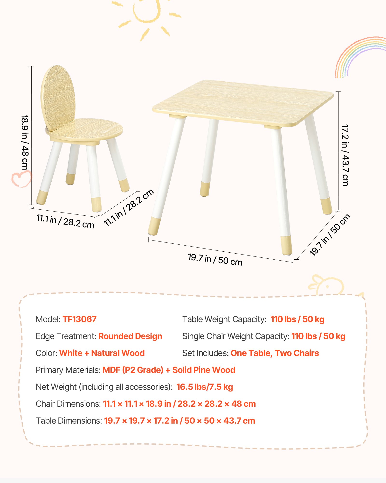 VEVOR Kids Table and 2 Chairs Set, Toddler Table and Chair Set with Rounded Edge Design & Graffiti Desktop, Wooden Desk for Art, Craft, Reading, Learning, Drawing, Classroom/Daycare/Home, Burlywood