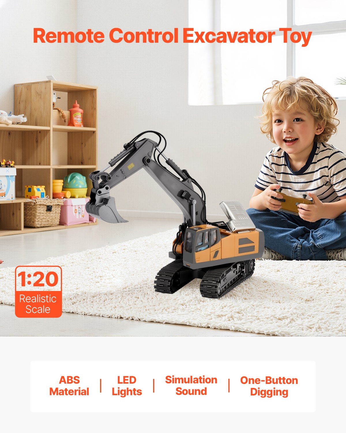 VEVOR Excavadora de Juguete con Control Remoto de Escala 1:20, Excavadora RC 11 Canales con Luces y Sonidos, Vehículos de Construcción Completamente Funcionales de Juguete con 2 Baterías para Niños