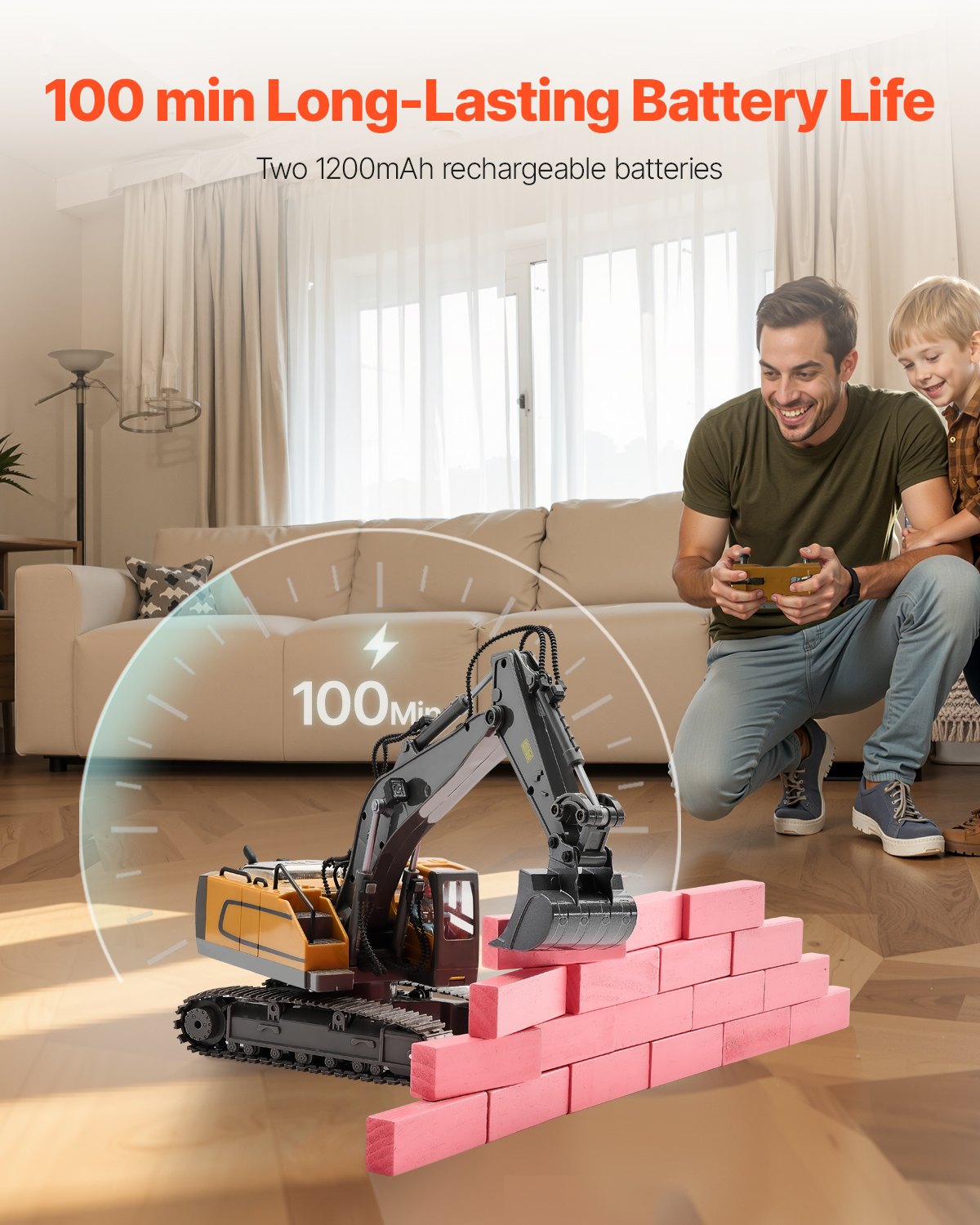 VEVOR Excavadora de Juguete con Control Remoto de Escala 1:20, Excavadora RC 11 Canales con Luces y Sonidos, Vehículos de Construcción Completamente Funcionales de Juguete con 2 Baterías para Niños