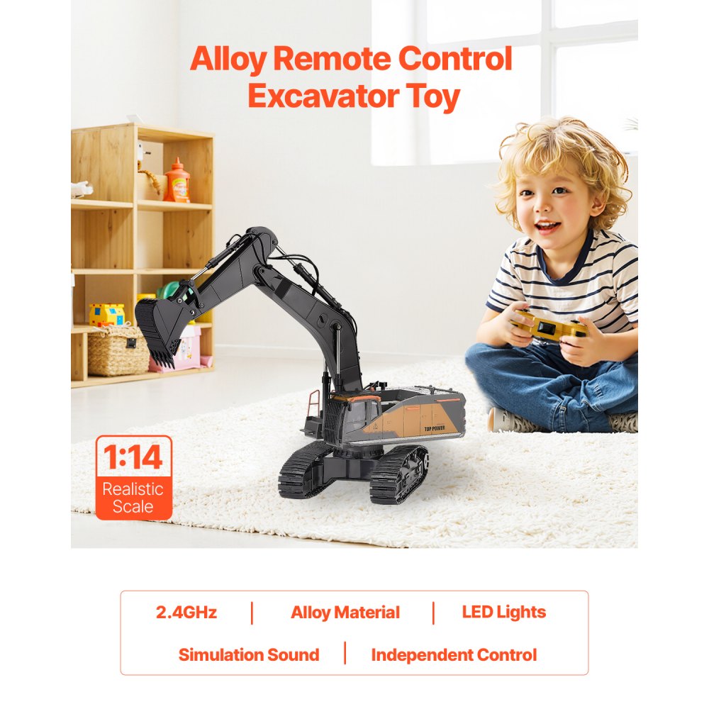 VEVOR Excavadora de Juguete con Control Remoto de Escala 1:14, Excavadora RC 22 Canales con Pala de Metal, Luces y Sonidos, Vehículos de Construcción Completamente Funcionales de Juguete para Niños