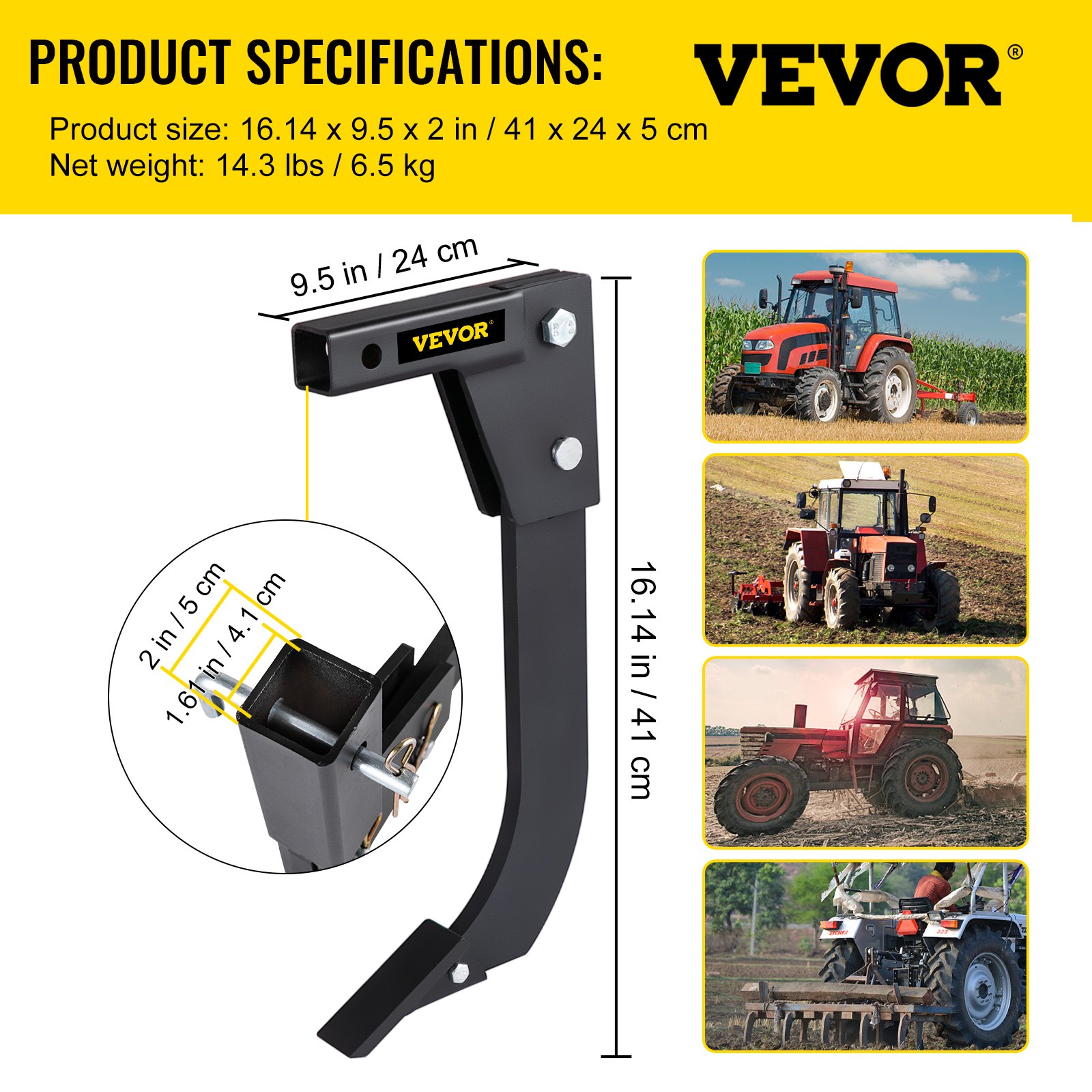 VEVOR Destripador Montado en Enganche, Vástago Rascador de Caja, Hoja de Caja de Sitio de 4 Orificios para Tractor, 2 Pasadores de Localización, Vástago de Desgarrador de Material de Acero al Carbono