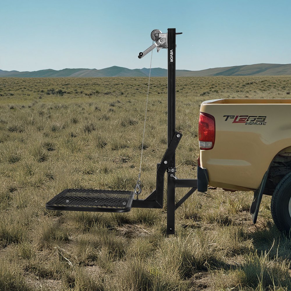 VEVOR Hitch Deer Hoist with Lifting System Platform, 300 lbs Load Capacity, Game Hoist Winch Lift with 2-inch Receiver, 360-Degree Swivel Shaft & Foldable, Hitch-Mounted Deer Hanger for Moving Game