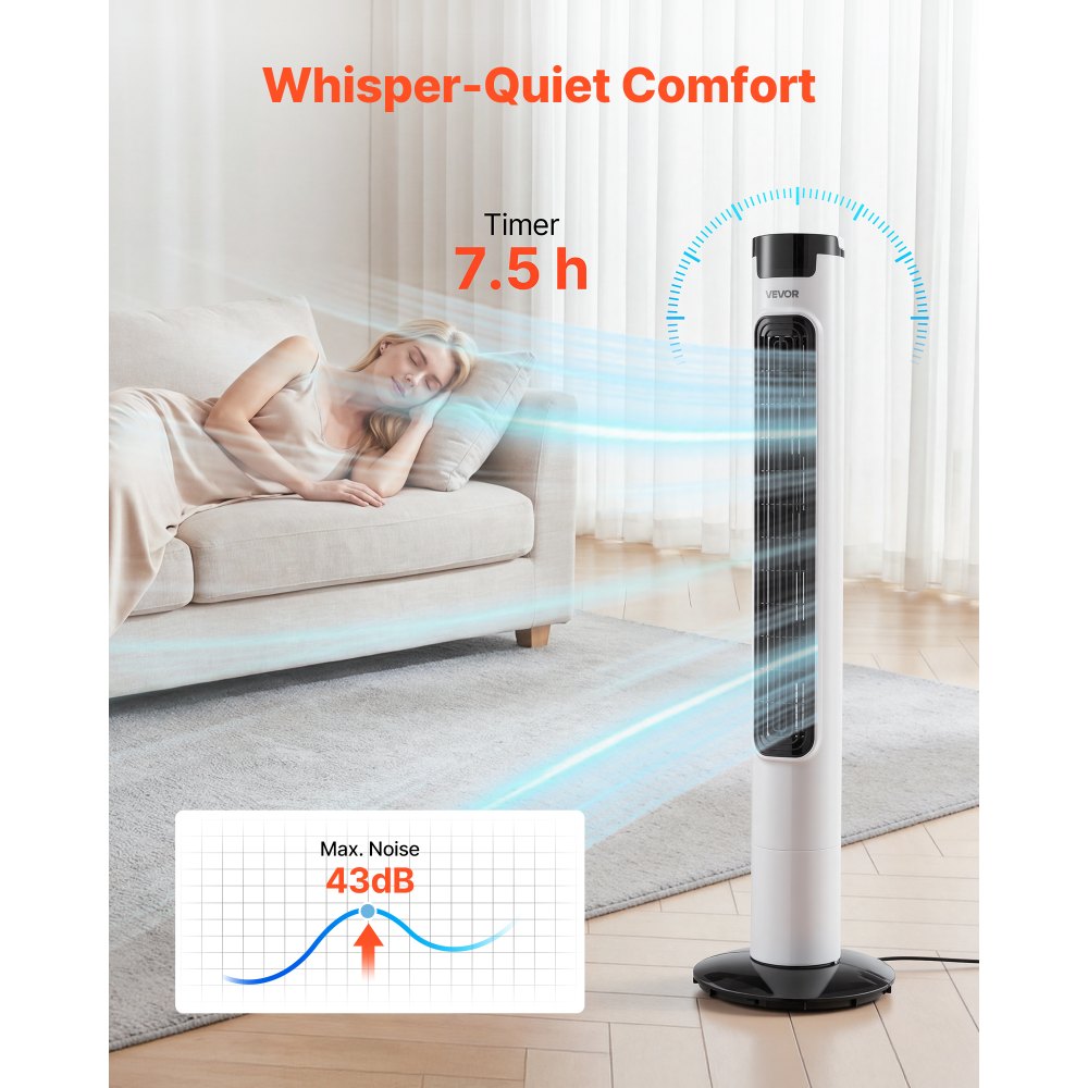 VEVOR Ventilador de Pie, 50° Oscilación, 43 dB, 3 Modos, 3 Velocidades, Ventilador de Torre 4,2m/s con Temporizador 7,5h, Mando a Distancia, Flujo de Aire para Sala de Estar Dormitorio Oficina, Blanco