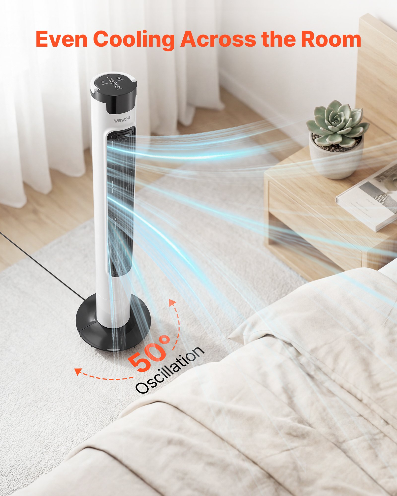 VEVOR Ventilador de Pie, 50° Oscilación, 43 dB, 3 Modos, 3 Velocidades, Ventilador de Torre 4,2m/s con Temporizador 7,5h, Mando a Distancia, Flujo de Aire para Sala de Estar Dormitorio Oficina, Blanco