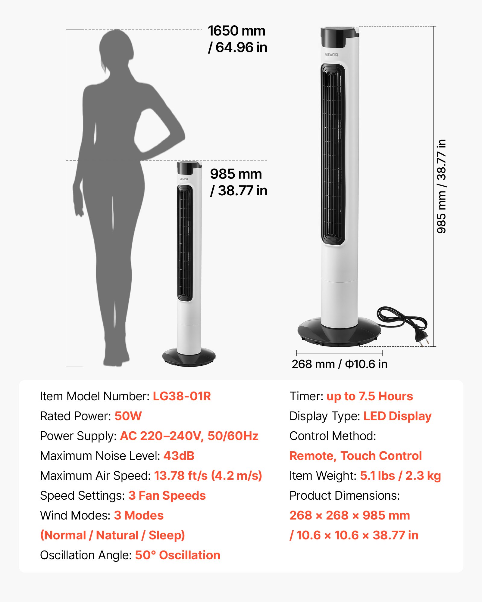 VEVOR Ventilador de Pie, 50° Oscilación, 43 dB, 3 Modos, 3 Velocidades, Ventilador de Torre 4,2m/s con Temporizador 7,5h, Mando a Distancia, Flujo de Aire para Sala de Estar Dormitorio Oficina, Blanco