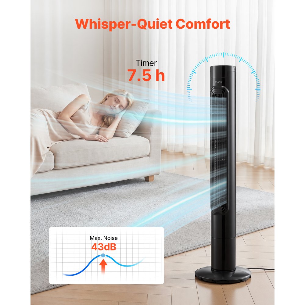 VEVOR Ventilador de Pie, 50° Oscilación, 43 dB, 3 Modos, 3 Velocidades, Ventilador de Torre 4,2 m/s con Temporizador 7,5h, Mando a Distancia, Flujo de Aire para Dormitorio Oficina Sala de Estar, Negro