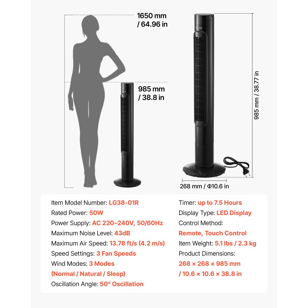 VEVOR Ventilador de Pie, 50° Oscilación, 43 dB, 3 Modos, 3 Velocidades, Ventilador de Torre 4,2 m/s con Temporizador 7,5h, Mando a Distancia, Flujo de Aire para Dormitorio Oficina Sala de Estar, Negro