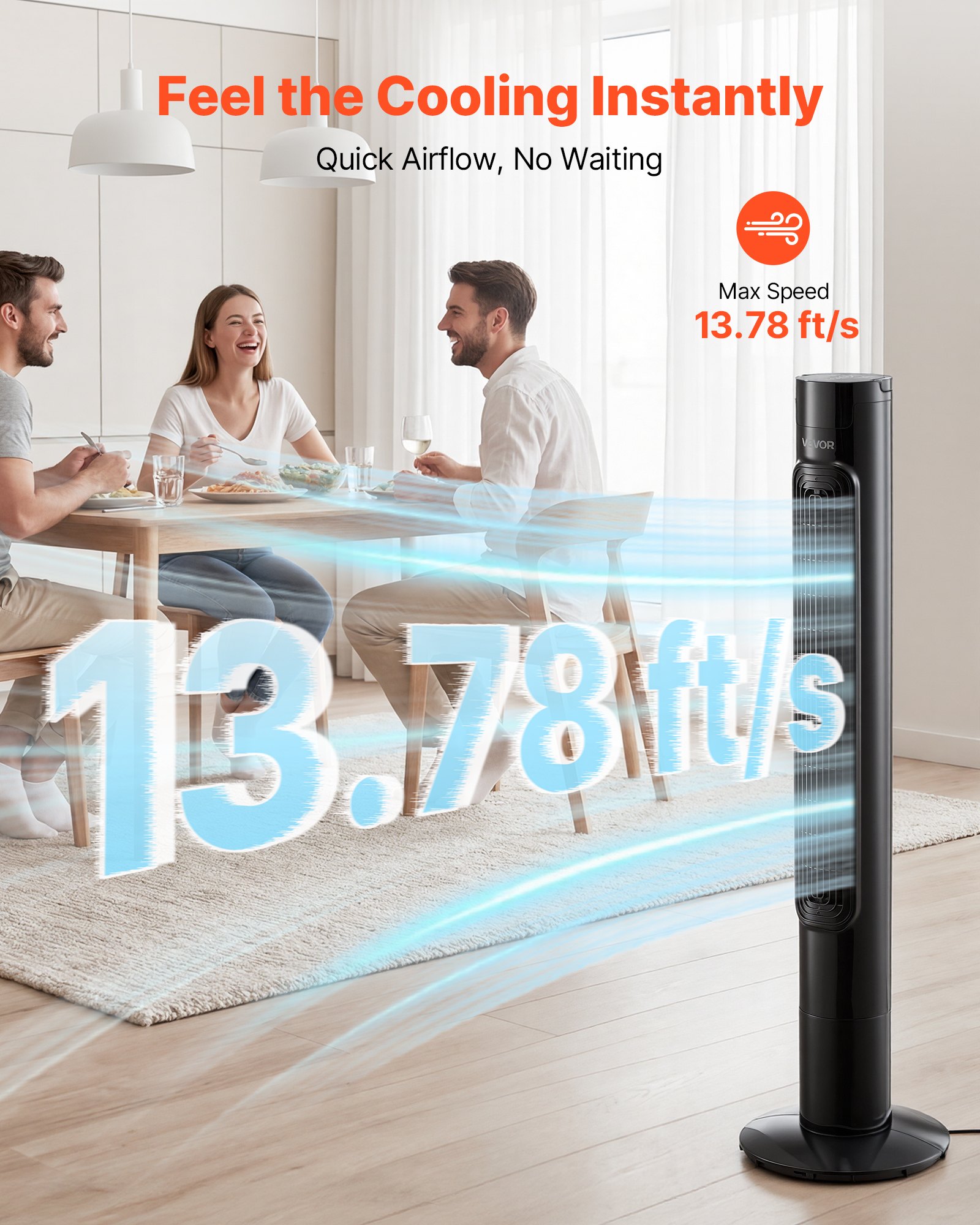 VEVOR Ventilador de Pie, 50° Oscilación, 43 dB, 3 Modos, 3 Velocidades, Ventilador de Torre 4,2 m/s con Temporizador 7,5h, Mando a Distancia, Flujo de Aire para Dormitorio Oficina Sala de Estar, Negro
