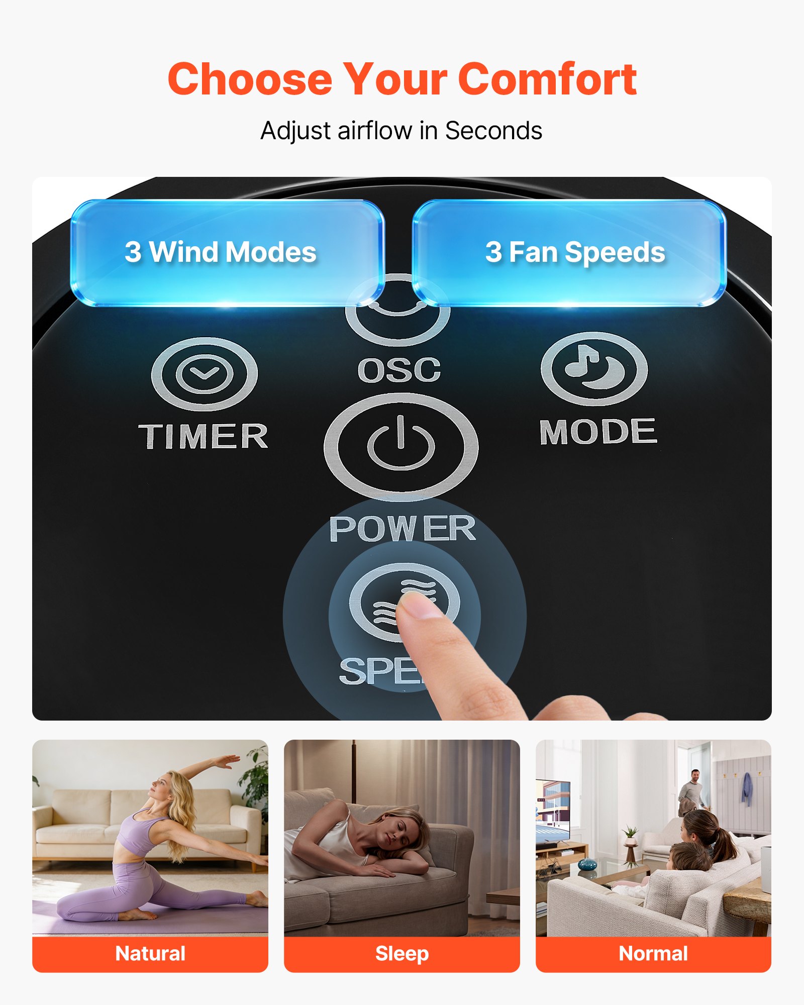 VEVOR Ventilador de Pie, 50° Oscilación, 43 dB, 3 Modos, 3 Velocidades, Ventilador de Torre 4,2 m/s con Temporizador 7,5h, Mando a Distancia, Flujo de Aire para Dormitorio Oficina Sala de Estar, Negro
