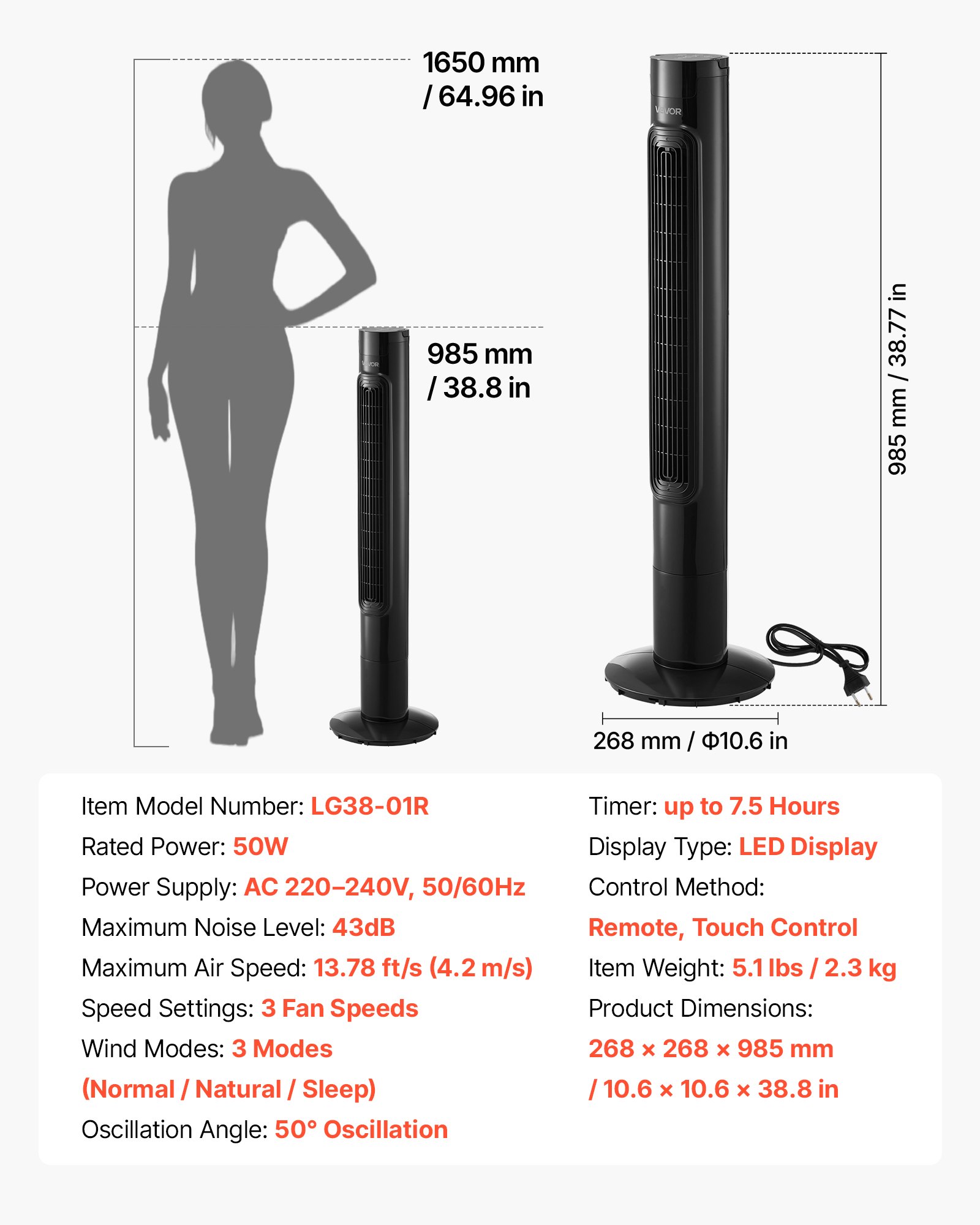 VEVOR Ventilador de Pie, 50° Oscilación, 43 dB, 3 Modos, 3 Velocidades, Ventilador de Torre 4,2 m/s con Temporizador 7,5h, Mando a Distancia, Flujo de Aire para Dormitorio Oficina Sala de Estar, Negro