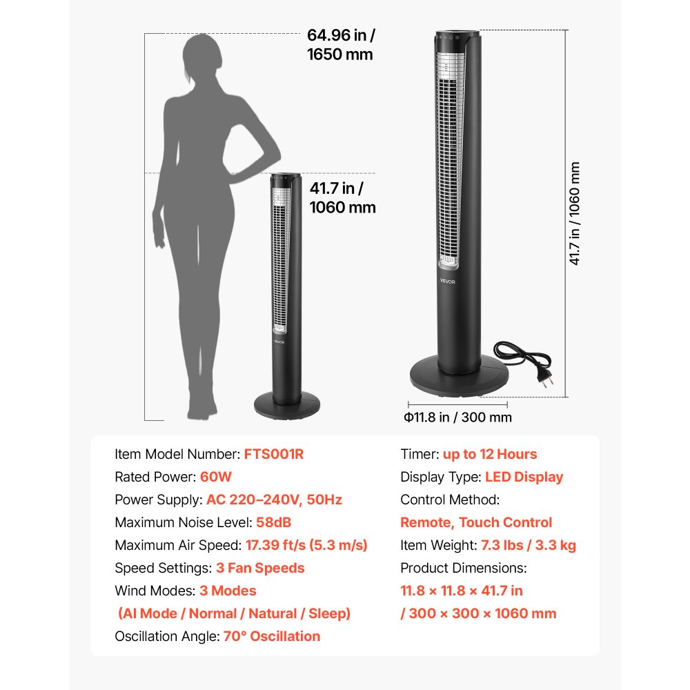 VEVOR Ventilador de Pie, 70° Oscilación, 58 dB, 4 Modos, 3 Velocidades, Ventilador de Torre 5,3 m/s con Temporizador 12 h, Mando a Distancia, Flujo de Aire para Dormitorio Sala de Estar Oficina, Negro
