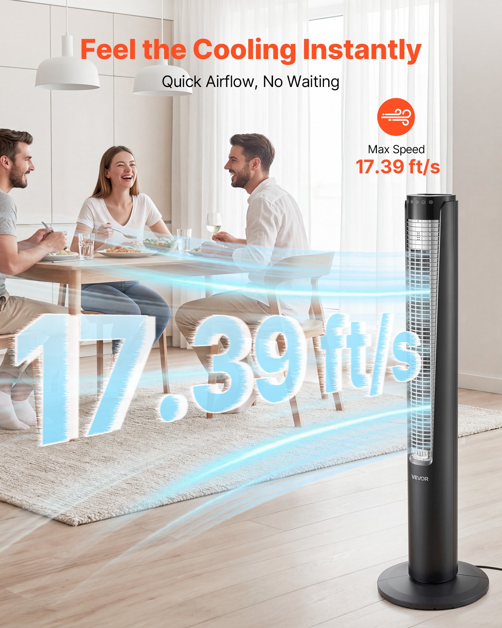 VEVOR Ventilador de Pie, 70° Oscilación, 58 dB, 4 Modos, 3 Velocidades, Ventilador de Torre 5,3 m/s con Temporizador 12 h, Mando a Distancia, Flujo de Aire para Dormitorio Sala de Estar Oficina, Negro