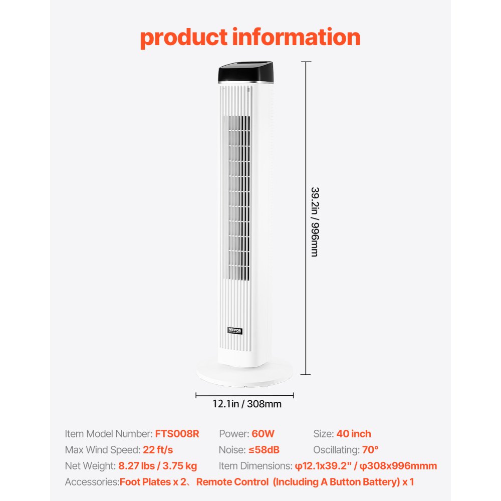 VEVOR Tower Fan, 6.7 m/s Speed, Evaporative Air Cooler, 70° Oscillating Fans with 3 Speeds, 4 Modes, 12-Hour Timer, Remote Control, for Bedroom, Office, Home