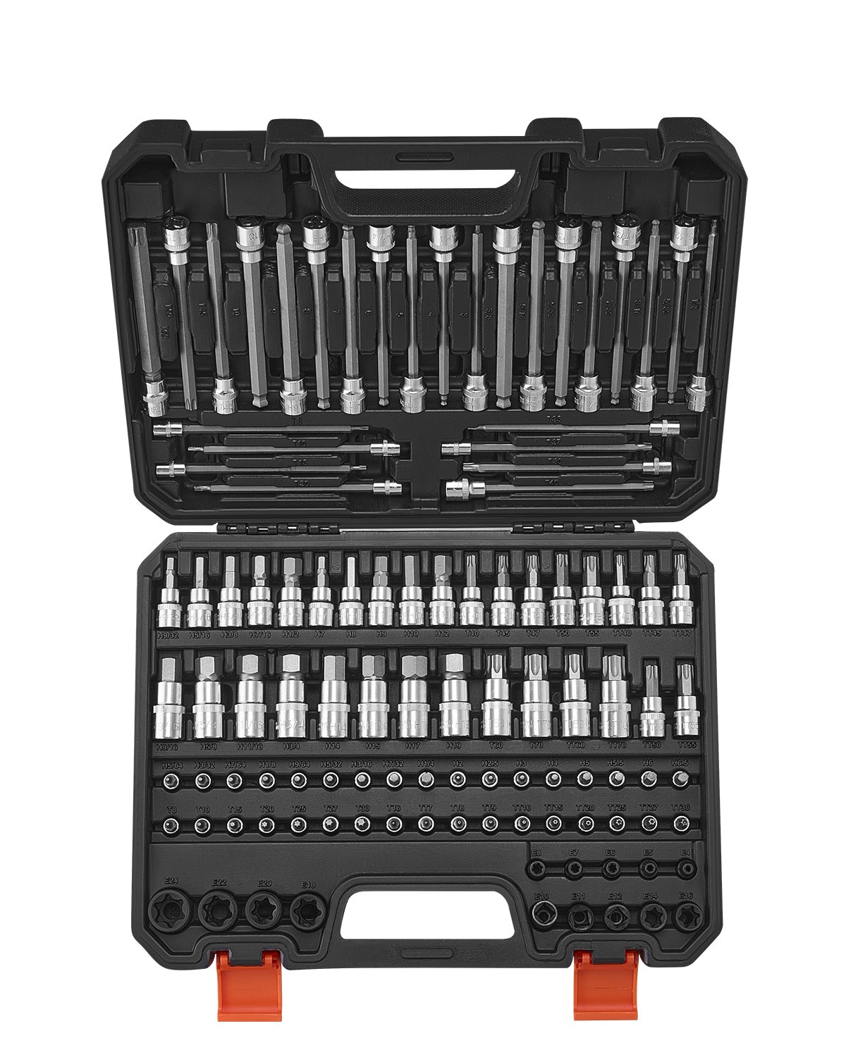 VEVOR 107 PCS Juego de Vasos con Punta, SAE y Métricos, Hexagonales/Torx/Torx Externo/a Prueba de Manipulaciones/Extralargos, Acero de Aleación S2 y Acero Cr-V, con Impulsores de 1/4", 3/8" y 1/2"