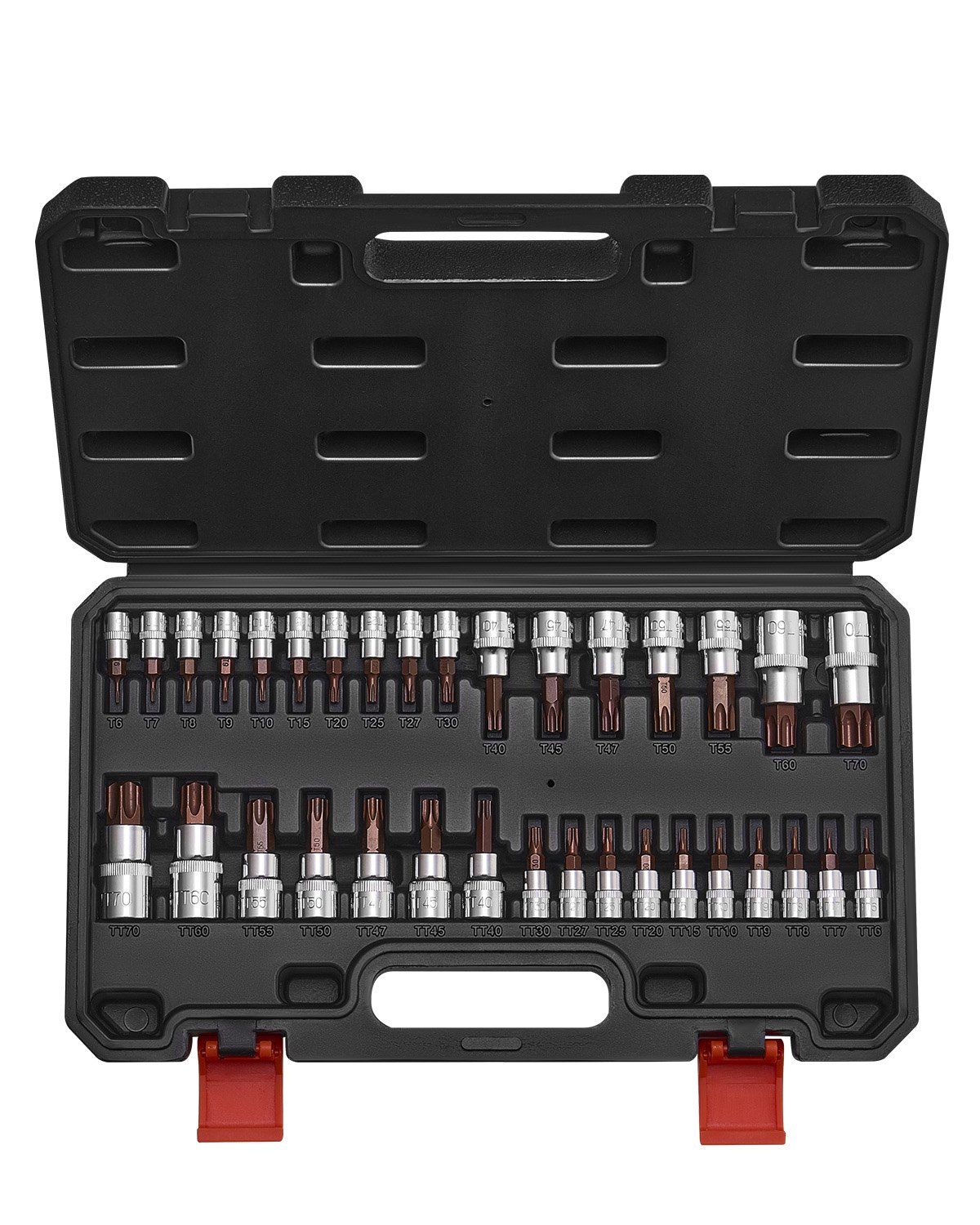 VEVOR 34 PCS Juego de Vasos con Punta Torx, Estrella Sólida y a Prueba de Manipulaciones T6-T70, Acero de Aleación S2 y Acero Cr-V, con Impulsores de 1/4", 3/8" y 1/2", Estuche de Almacenamiento