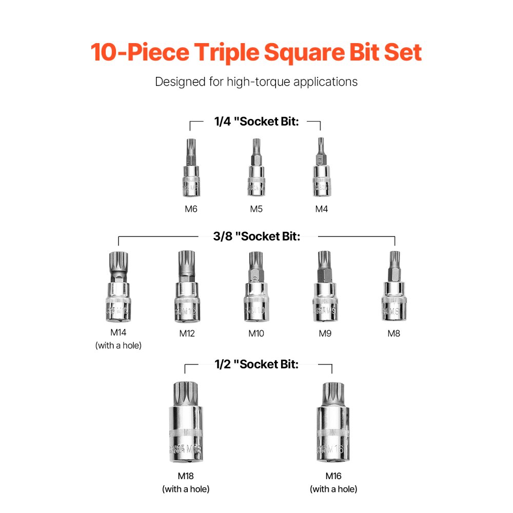 VEVOR 10 PCS Juego de Dados con Punta Estriada de Triple Estría Cuadrada XZN, M4 - M18, Acero Cr-V de Primera Calidad, Con Impulsión de 1/4", 3/8" y 1/2", Estuche de Almacenamiento, para Uso Manual