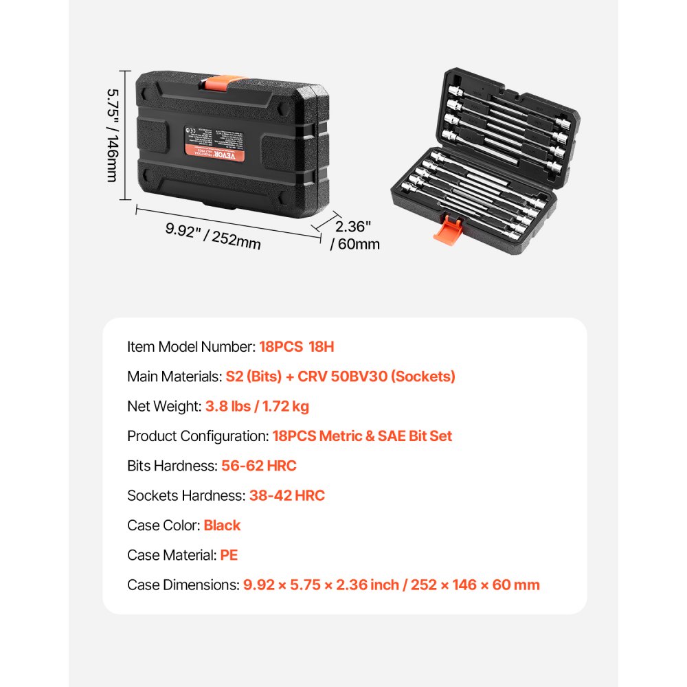 VEVOR Extra Long Hex Socket Set, 18-Piece, 3/8" Drive, S2 Alloy Steel & Cr-V Steel, Standard SAE & Metric 1/8"-3/8", 3-12 mm, with Improved Storage Case