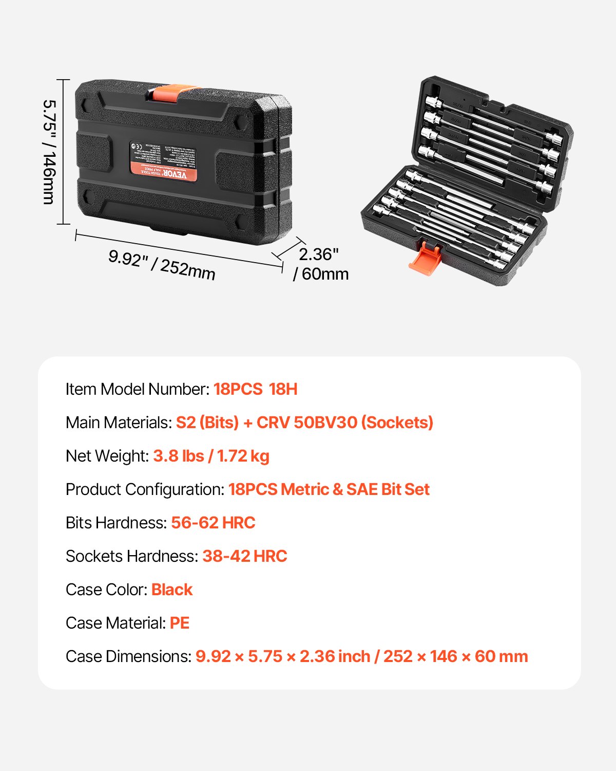 VEVOR 18 PCS Juego de Dados Hexagonales Extralargos con Punta Allen, Accionamiento de 3/8", Acero de Aleación S2 y Acero Cr-V, SAE Estándar y Métrico, con Estuche de Almacenamiento, para Mecánicos