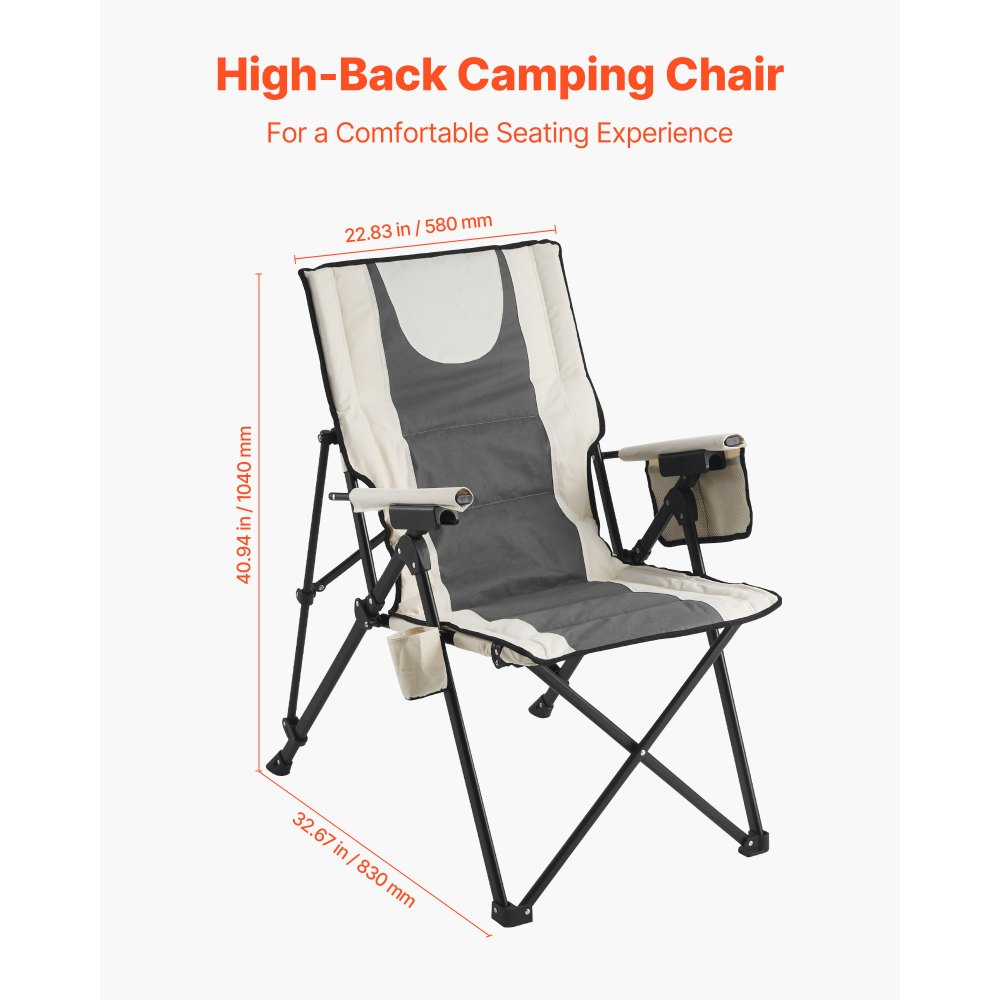 VEVOR Folding Camping Chair, 3 Reclining Positions, Outdoor High Back Camping Chair, 260lbs Weight Capacity, Full Padded Beach Chairs with Armrest & Headrest, Portable Lawn Chairs for Sports Travel