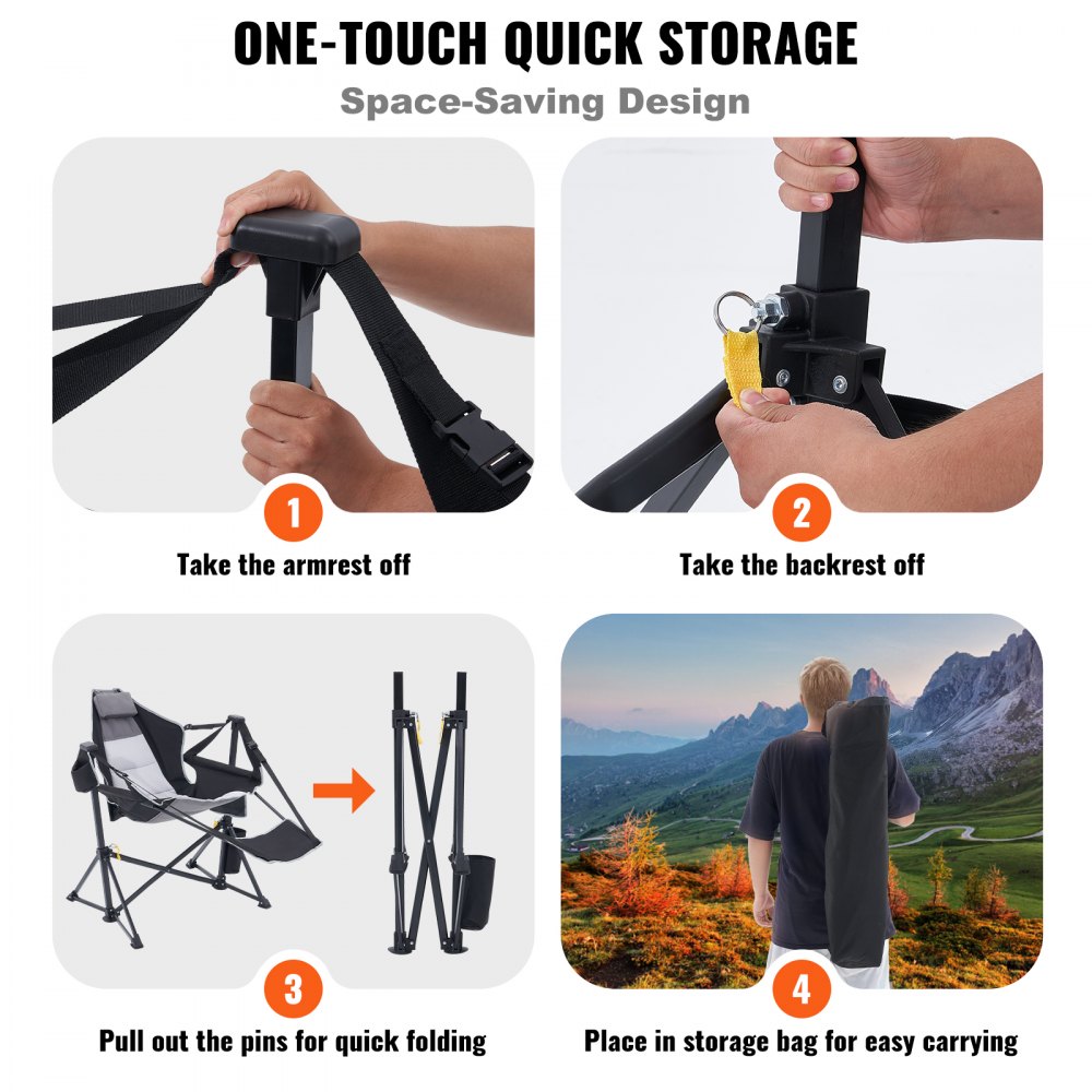 VEVOR Silla Reclinable para Acampar Capacidad de Carga de 136 kg Silla Plegable con Reposapiés Bolsa de Almacenamiento Reposacabezas y Respaldo Ajustable para Acampar, Actividades al Aire Libre