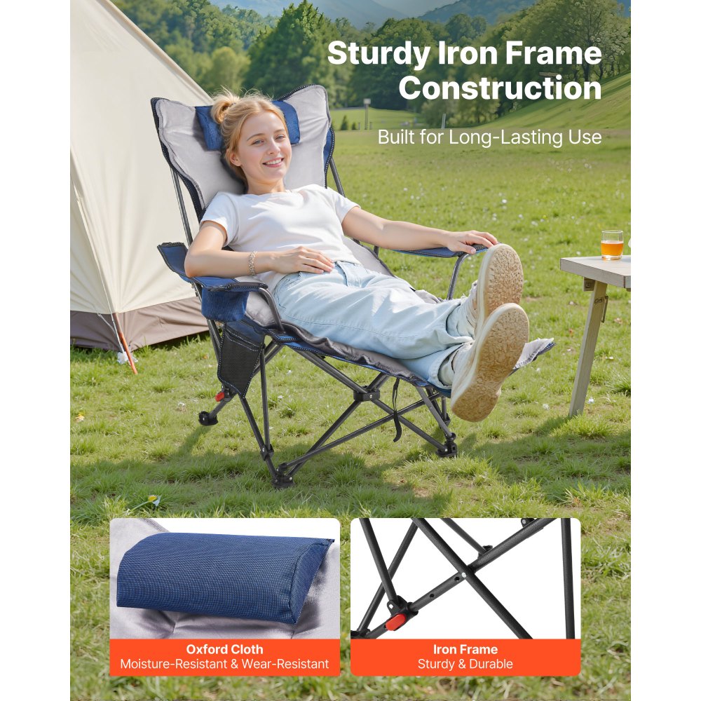VEVOR Silla de Camping Plegable, 4 Posiciones Ajustables, Silla Reclinable y Portátil para Adultos con Reposapiés y Cojín Suave, Capacidad de Carga de 100 kg, para Playa, Jardín y Patio, Gris