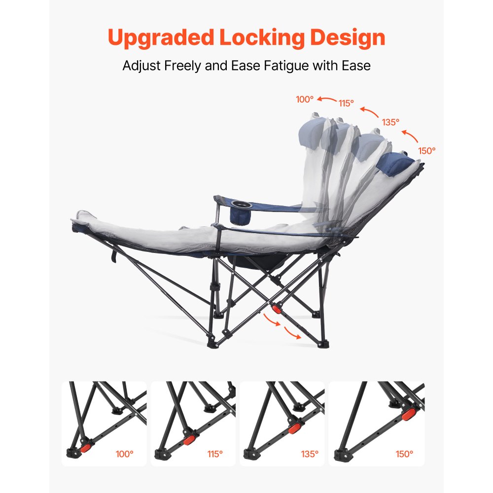 VEVOR Silla de Camping Plegable, 4 Posiciones Ajustables, Silla Reclinable y Portátil para Adultos con Reposapiés y Cojín Suave, Capacidad de Carga de 100 kg, para Playa, Jardín y Patio, Gris