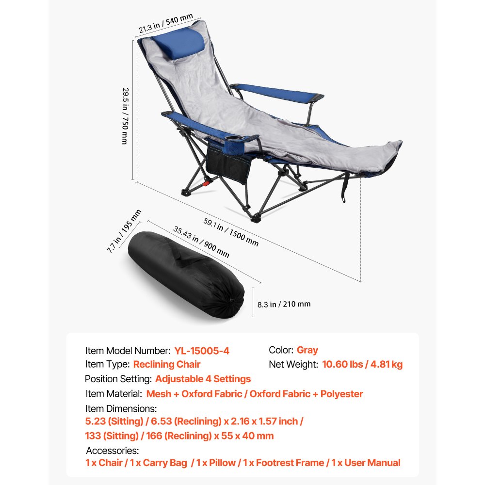 VEVOR Silla de Camping Plegable, 4 Posiciones Ajustables, Silla Reclinable y Portátil para Adultos con Reposapiés y Cojín Suave, Capacidad de Carga de 100 kg, para Playa, Jardín y Patio, Gris