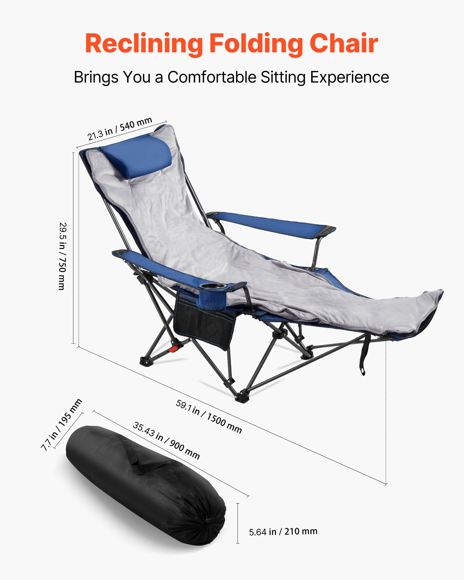VEVOR Silla de Camping Plegable, 4 Posiciones Ajustables, Silla Reclinable y Portátil para Adultos con Reposapiés y Cojín Suave, Capacidad de Carga de 100 kg, para Playa, Jardín y Patio, Gris
