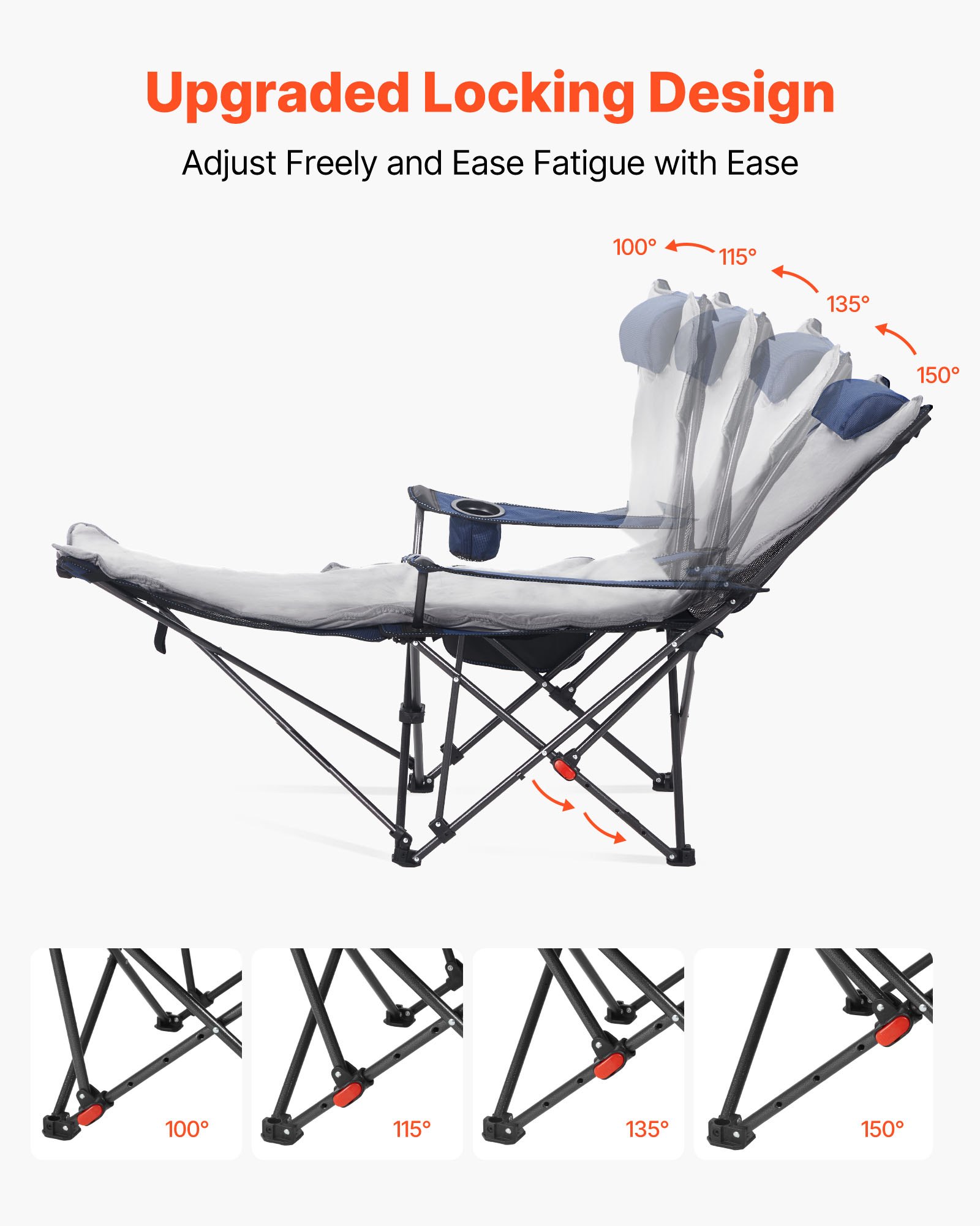 VEVOR Silla de Camping Plegable, 4 Posiciones Ajustables, Silla Reclinable y Portátil para Adultos con Reposapiés y Cojín Suave, Capacidad de Carga de 100 kg, para Playa, Jardín y Patio, Gris