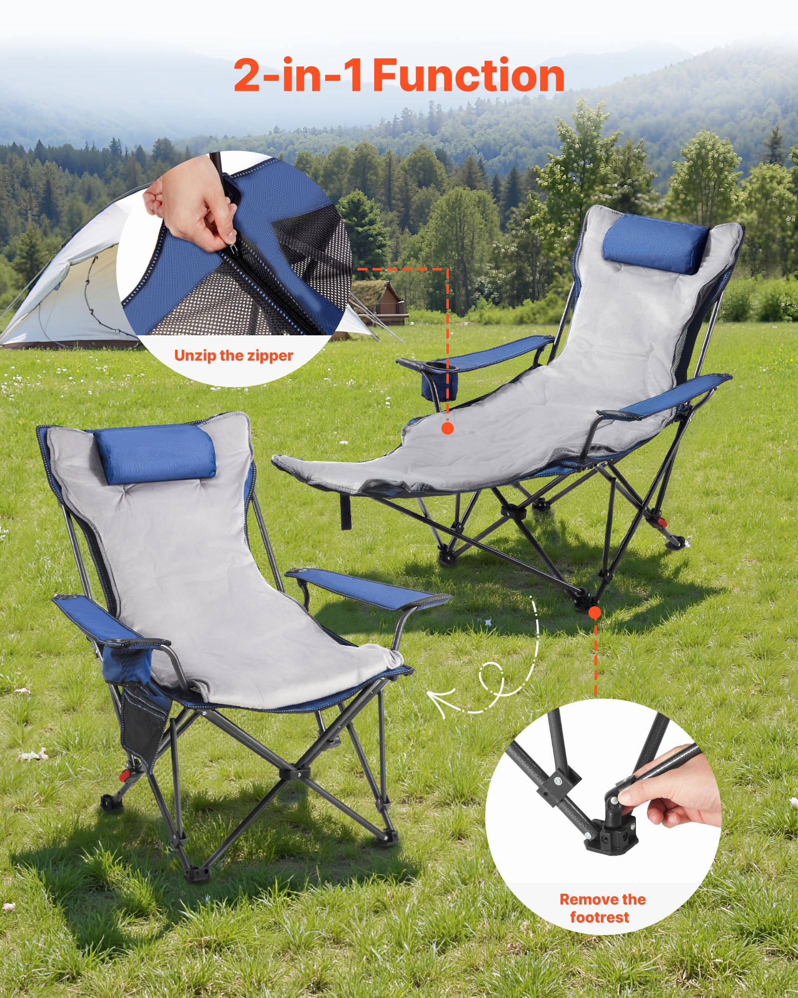 VEVOR Silla de Camping Plegable, 4 Posiciones Ajustables, Silla Reclinable y Portátil para Adultos con Reposapiés y Cojín Suave, Capacidad de Carga de 100 kg, para Playa, Jardín y Patio, Gris
