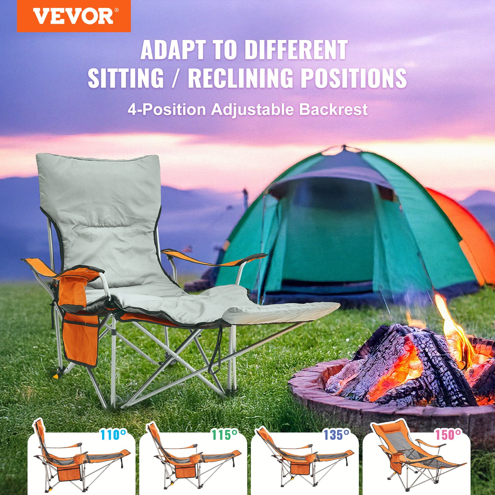 VEVOR Silla de Camping Reclinable 1530 x 830 x 730 mm Carga de 149,69 kg, Silla de Camping Plegable con Reposapiés, Portavasos, Bolsillo Lateral y Reposacabezas para Camping, Pesca, Naranja y Gris