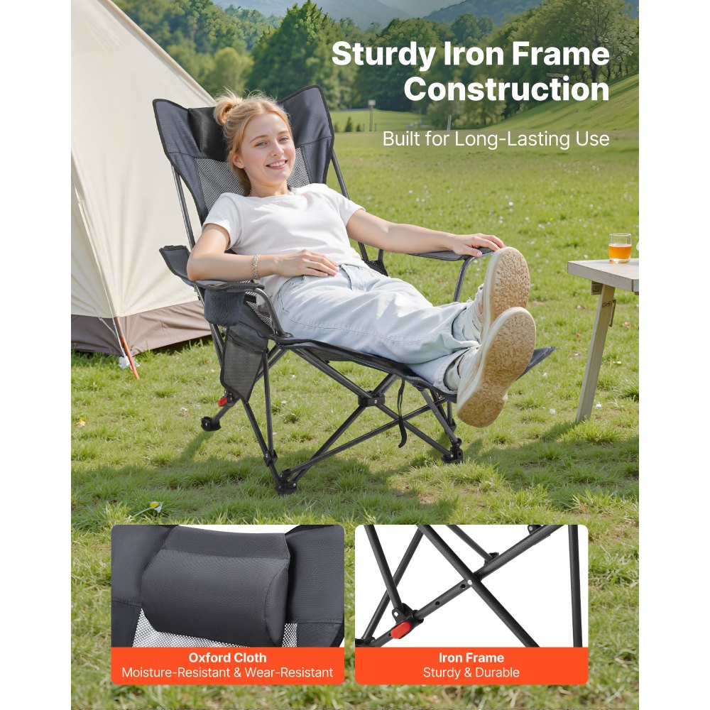 VEVOR Reclining Camping Chair, 4 Adjustable Positions, Portable Folding Lounger for Adults, Mesh Beach Chair with Headrest & Foot Rest, Supports 220 lbs, Heavy Duty Camp Chairs for Patio, Gray