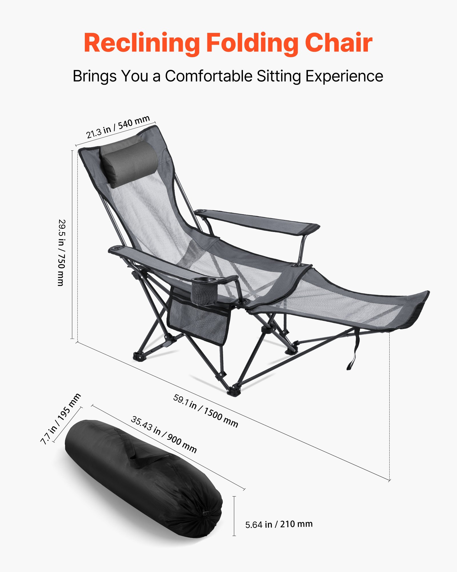 VEVOR Reclining Camping Chair, 4 Adjustable Positions, Portable Folding Lounger for Adults, Mesh Beach Chair with Headrest & Foot Rest, Supports 220 lbs, Heavy Duty Camp Chairs for Patio, Gray
