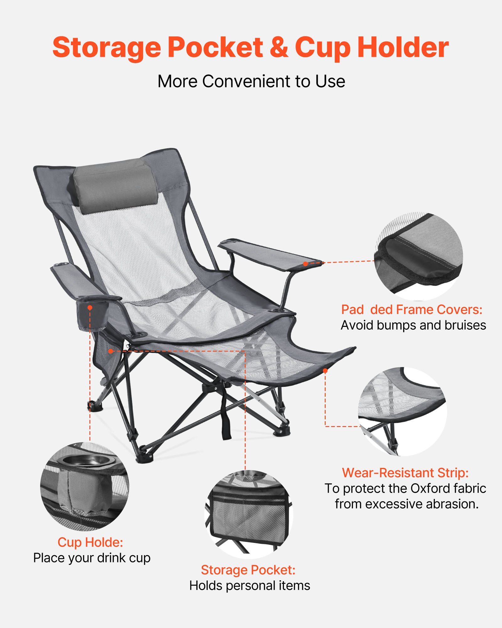 VEVOR Reclining Camping Chair, 4 Adjustable Positions, Portable Folding Lounger for Adults, Mesh Beach Chair with Headrest & Foot Rest, Supports 220 lbs, Heavy Duty Camp Chairs for Patio, Gray